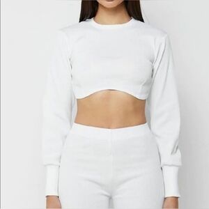 Maniere De Voir Ribbed Underbust Crop Top Size 16 White Long Sleeve Pullover
